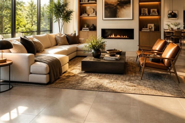 large format tile in a neutral contemporary living room
